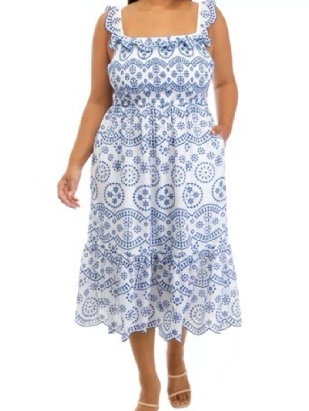 Crown & Ivy Women’s Blue and White Eyelet Ruffles Smocked Sun Dress Size 3X